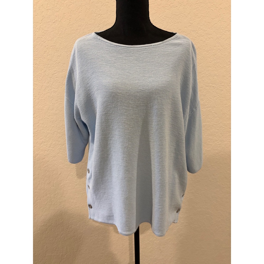 Chico's Light Blue Ribbed Knit Boat Neck Sweater 3/4 Sleeve Button Detail Top